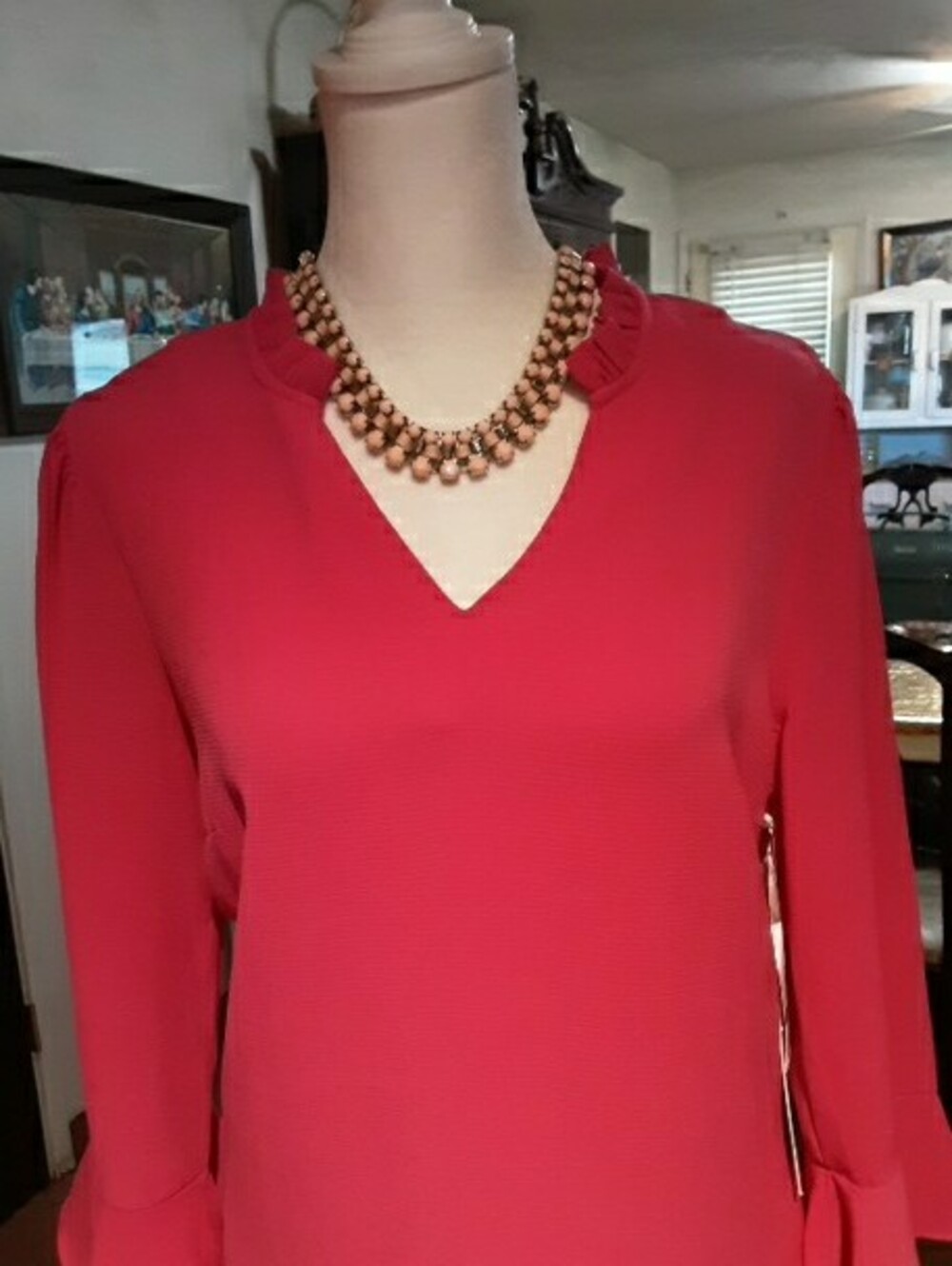 CeCe V-Neck Ruffle Cuff Blouse - Raspberry - Picture 5 of 11